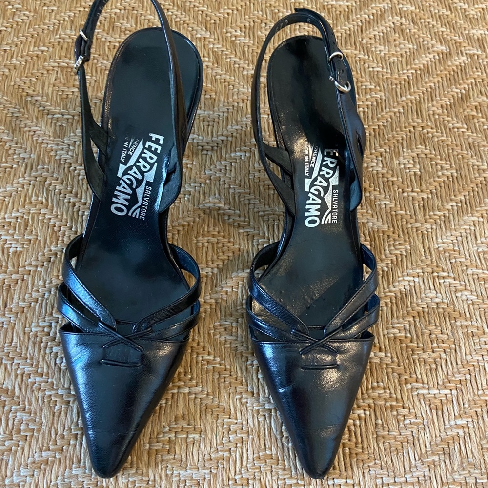 Ferragamo black leather slingback heels, 36
